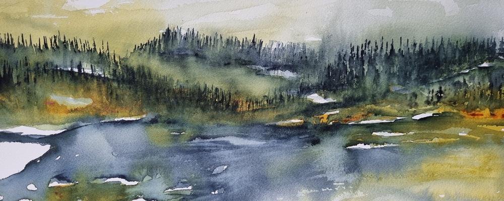 Watercolour painting of a river in Värmland