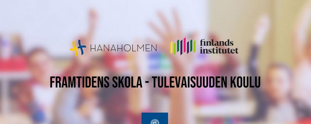 Suddig bakgrundsbild på klassrum med text "framtidens skola"  framför