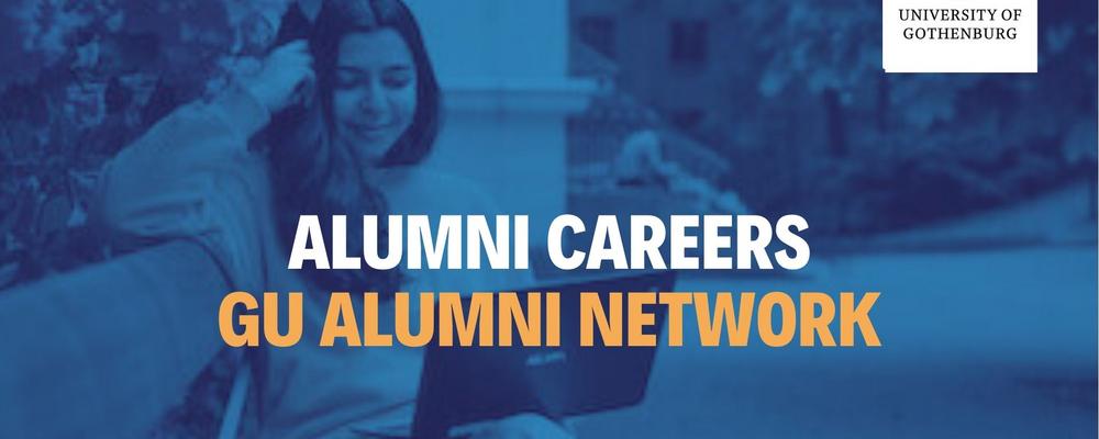 blå bild med vit GU logotyp, texten Alumni Careers GU Alumni Network