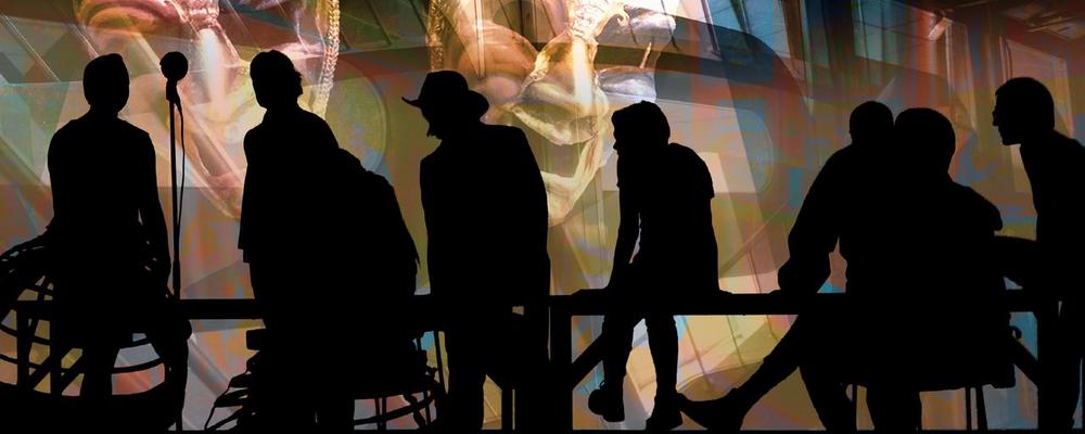 Siluett med personer på räcke 