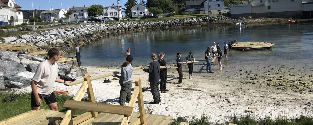 Människor står i rad, med plankor i händerna, och bygger tillsammans.