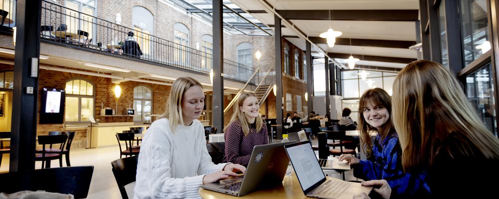 Glada studenter sitter och pratar i caféet på Hälsovetarbacken.