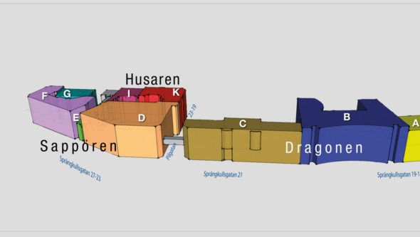 Schematisk bild över de olika huskropparna i Campus Haga