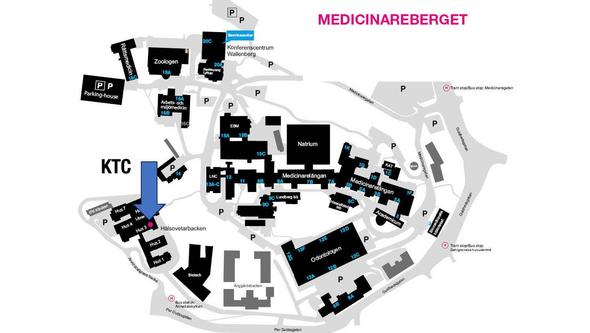 Karta över Campus Medicinareberget med Hälsovetarbacken hus 3 markerat