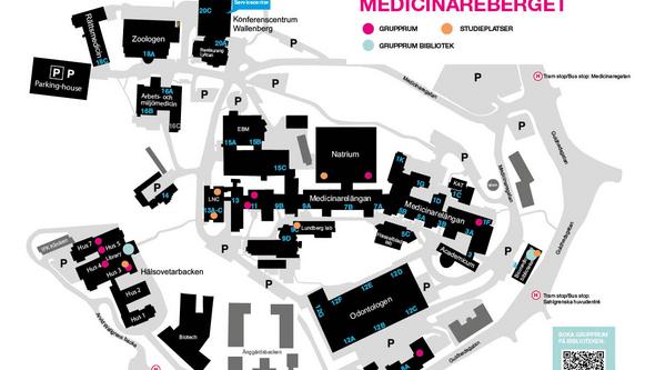 Karta med markerade studieplatser och grupprum på Campus Medicinareberget